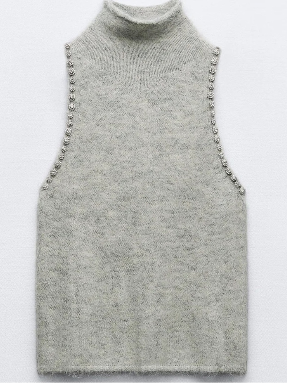 Zara Knit Sleeveless Turtleneck Top in Gray with Rhinestones Size S